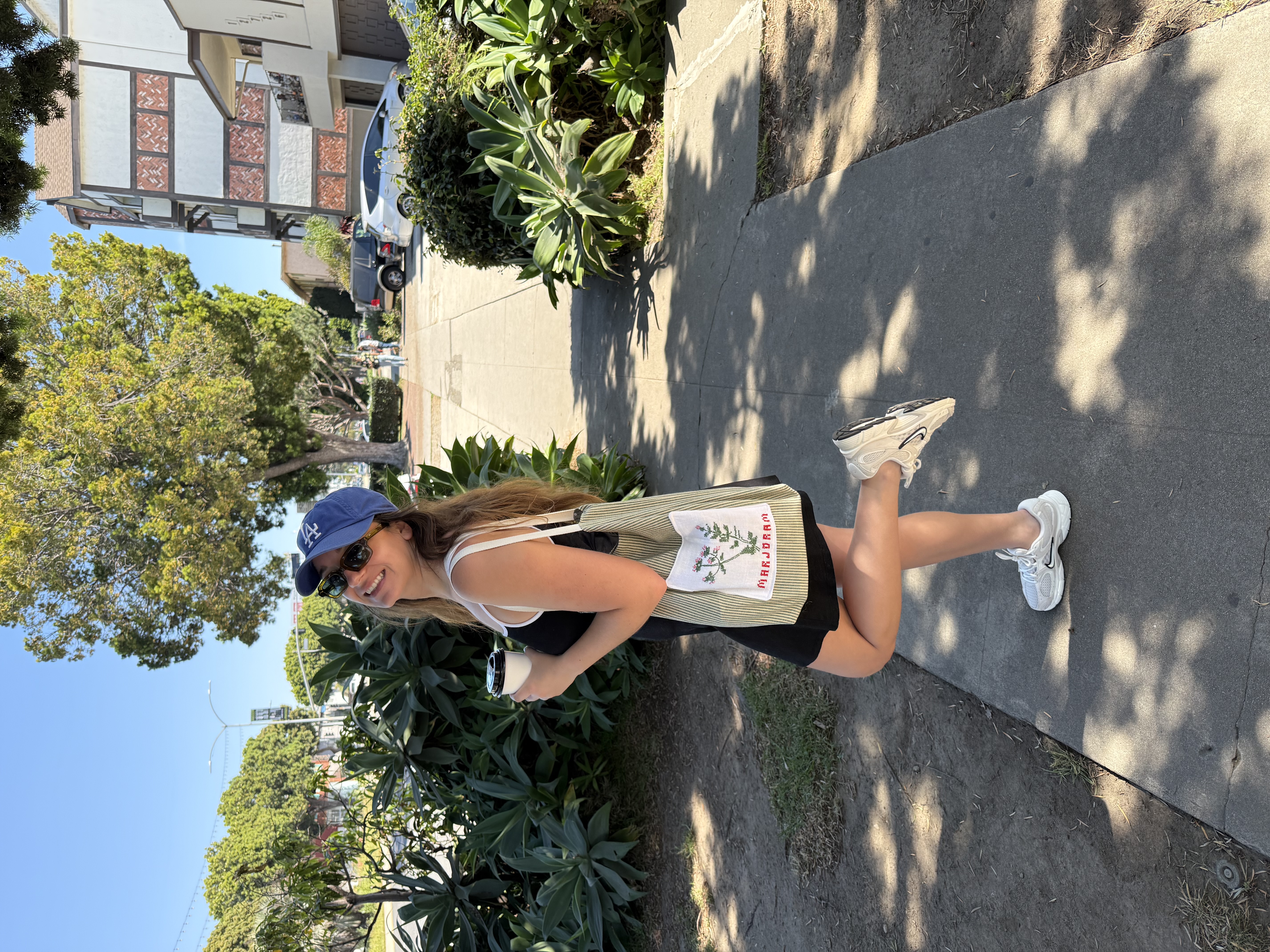 Emily out wearing her parsley and marjoram tote bag